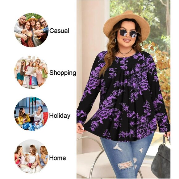 Fantaslook Womens Top Long Sleeve Crew Neck Tunic Blouse 2XL PURPLE FLORAL NIP - Picture 3 of 4